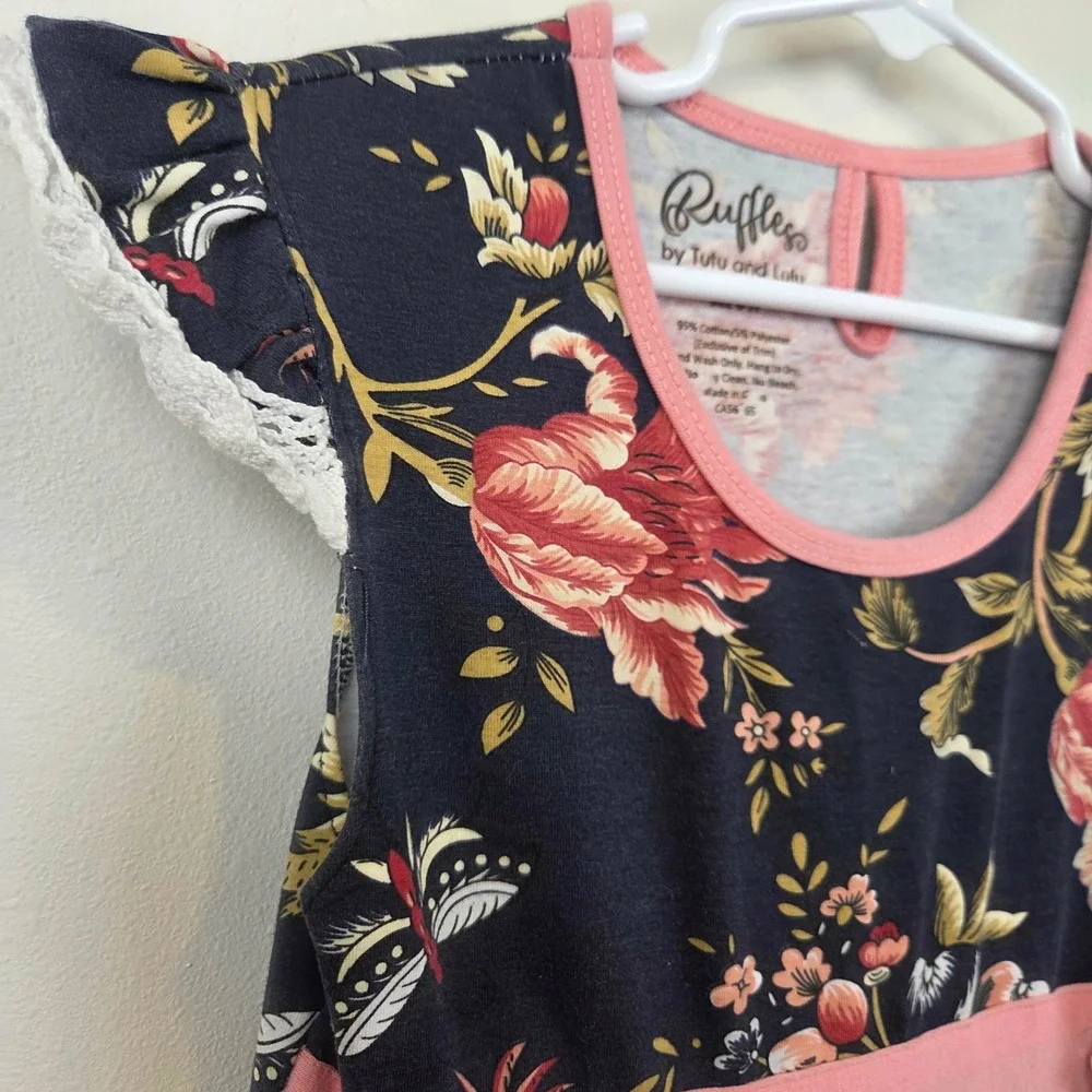 Ruffles by Tutu and Lulu Girls Floral Lace Ruffle Dress Pink Yellow Size 6-7Y